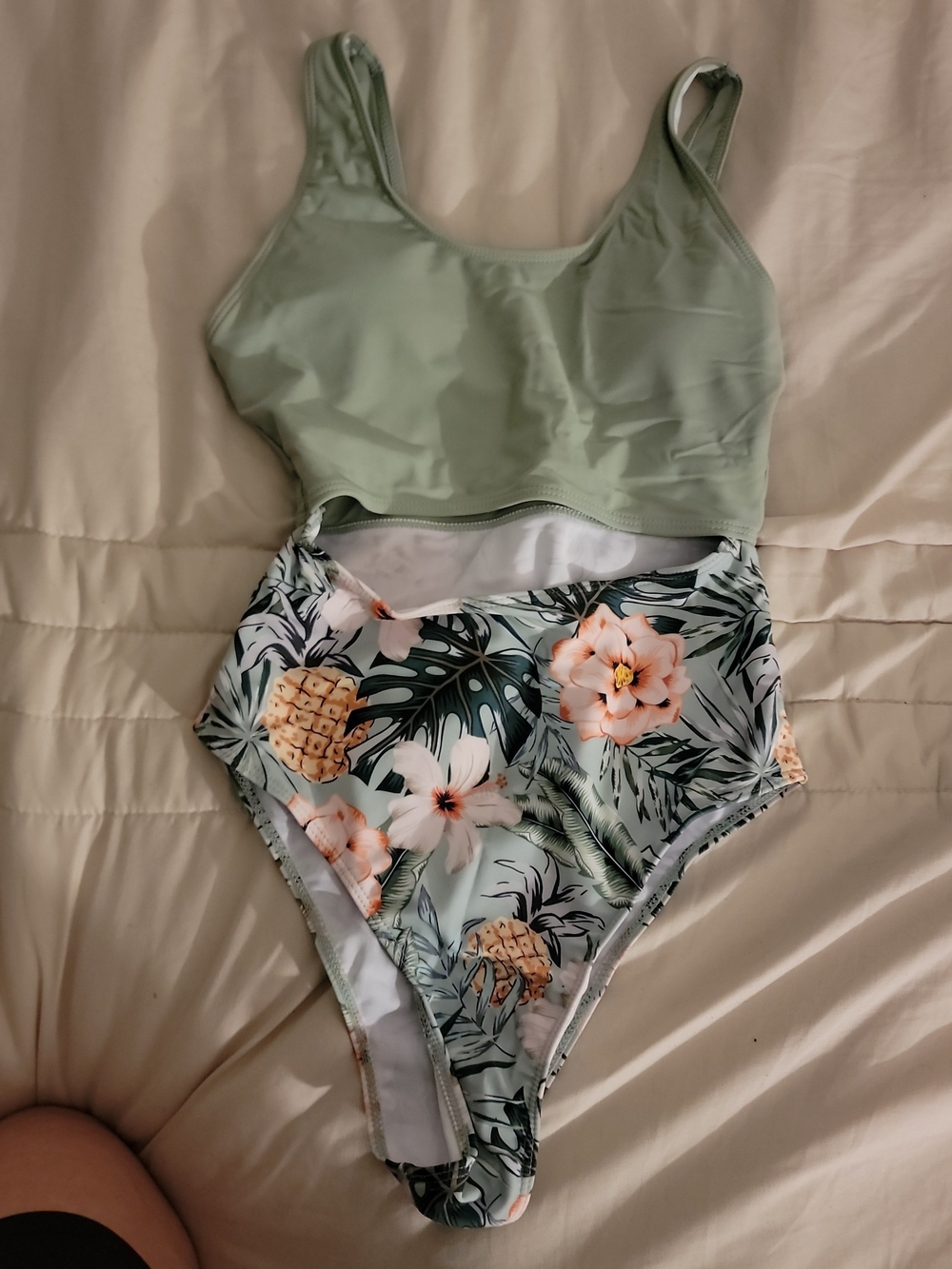 High-Waist One Piece Swim Set - Sage Green Top with Tropical Print Bottom
